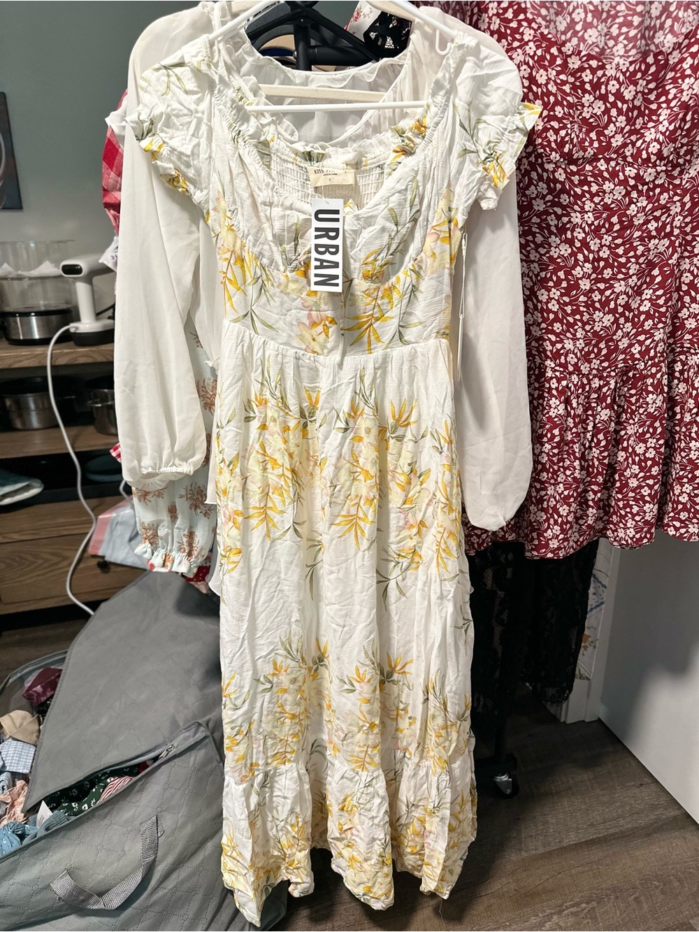 NWT Urban Outfitters White and Yellow Off Shoulder Floral Maxi Dress